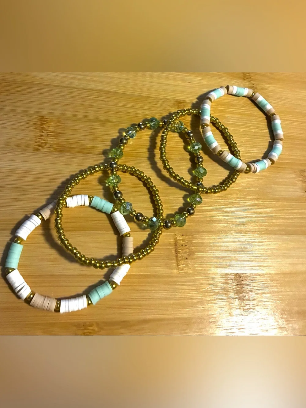 Gold and Mint Heishi Stackable Beaded Bracelet Set